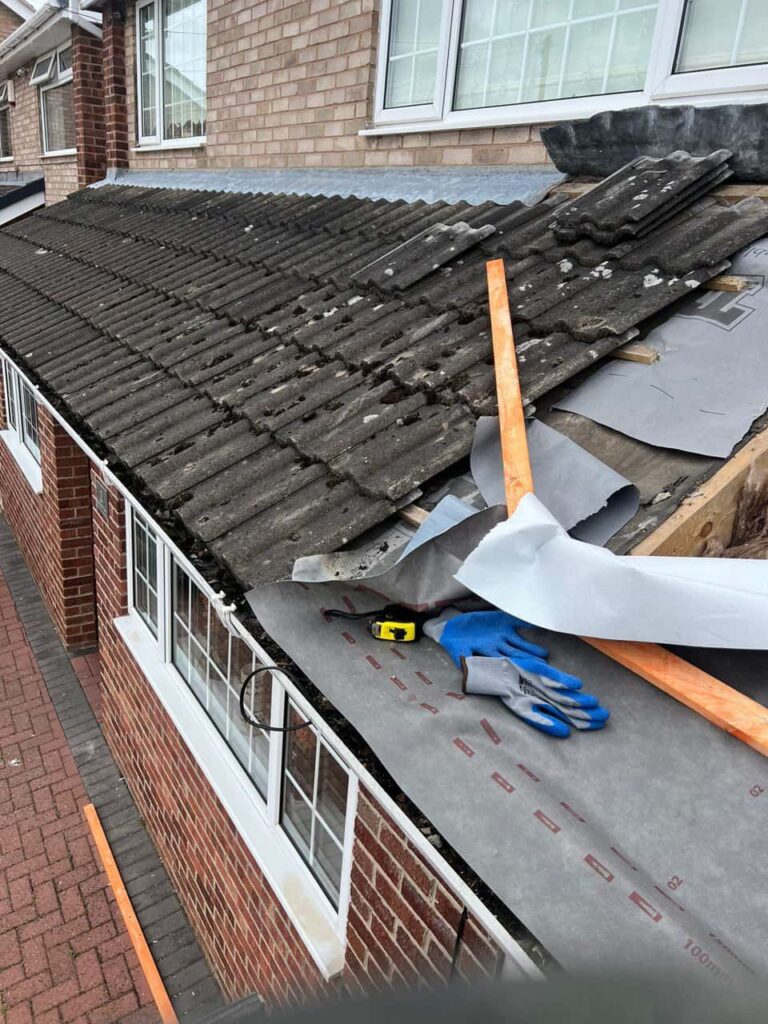 This is a photo of a pitched roof which is being repaired. The existing roof was leaking badly. Works carried out by TRP Roofing Hedon